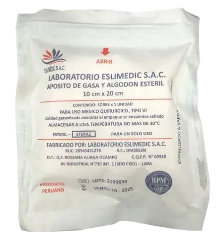 APOSITO DE GASA Y ALGODON ESTERIL DE 10 X 20 CM