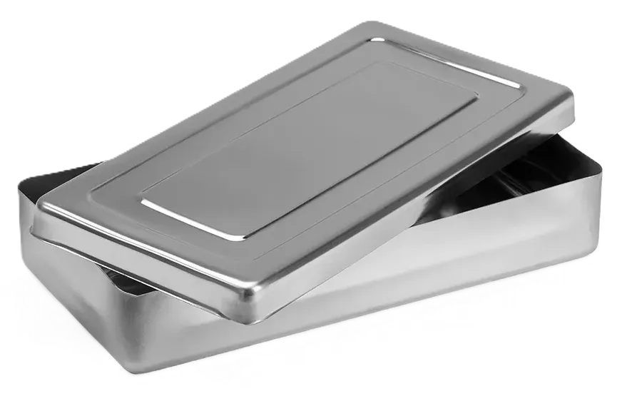 CAJA METALICA DE ACERO QUIRURGICO DE 35 X 25 X 10 CM CON TAPA
