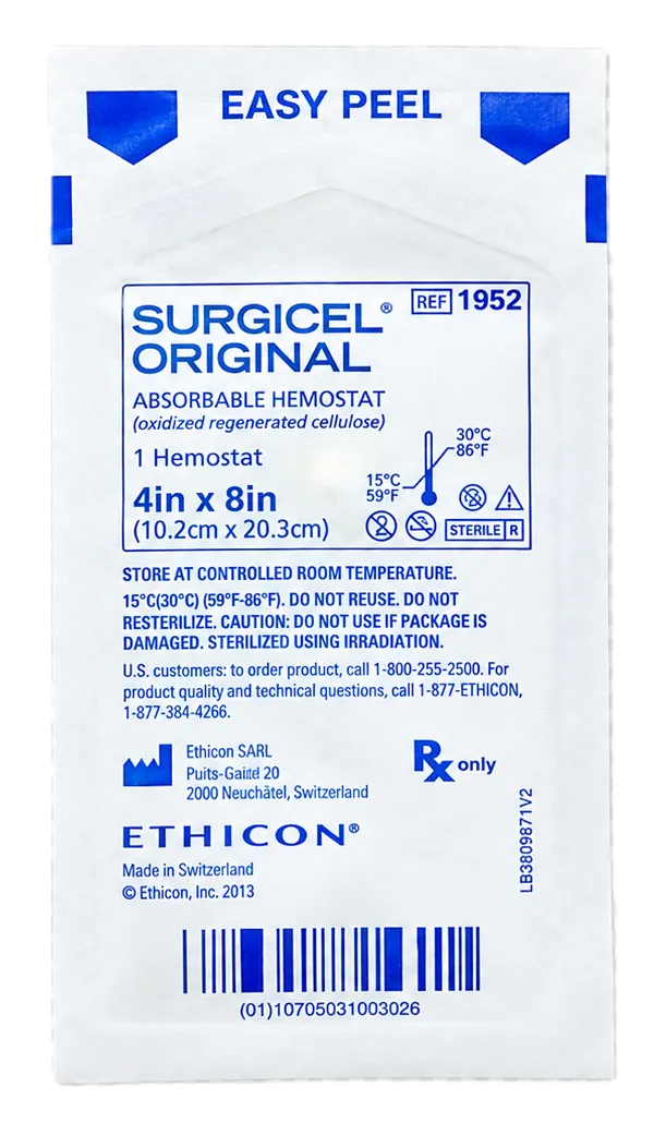 HEMOSTATICO ABSORBIBLE CON EFECTO BACTERICIDA DE 4 X 8 IN (10.2 X 20.3 CM) - SURGICEL